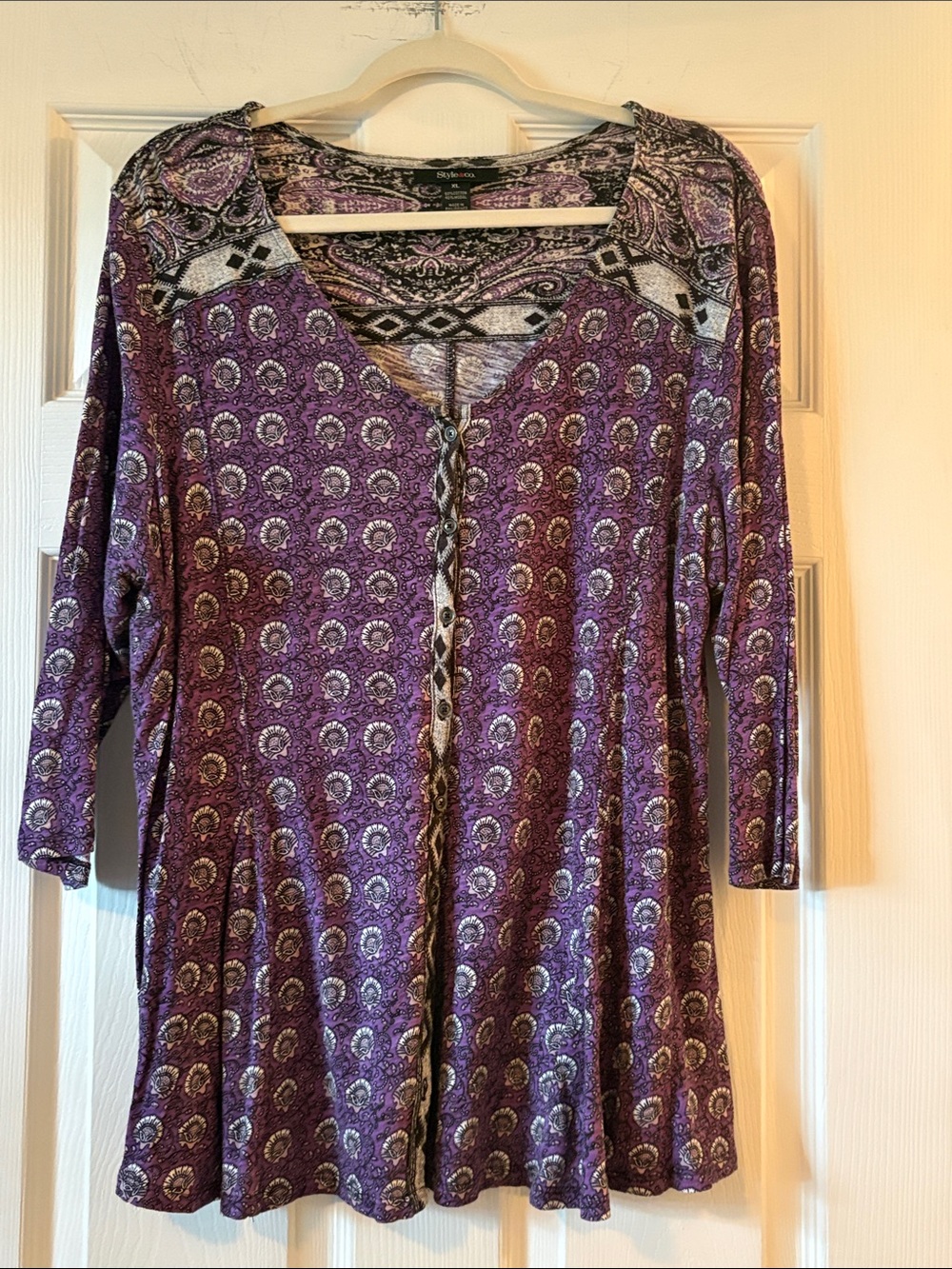 Style & Co. Purple Paisley-Print Long Sleeve Henley Tunic